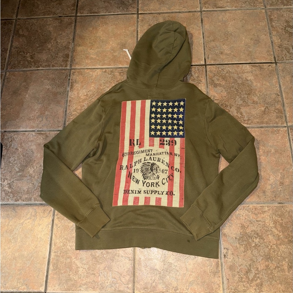 Ralph Lauren Olive Green Crewneck Sweatshirt with Flag Graphic